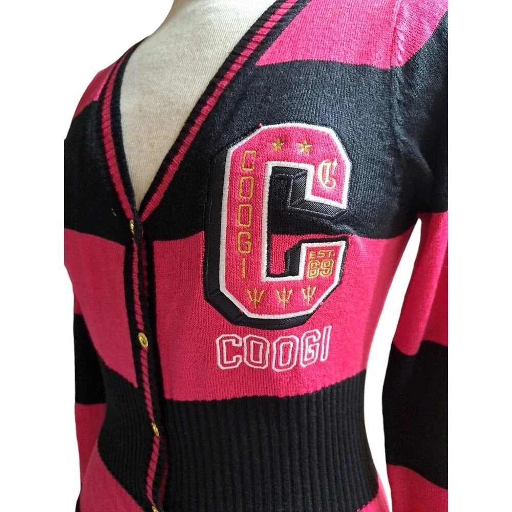 Coogi Cardigan Sweater Women L Pink Black Striped Vintage Retro 90s Letterman - Picture 3 of 9
